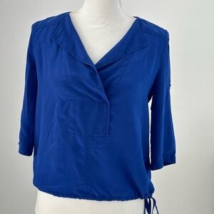 BCBG MaxAzria Royal Blue Popover Blouse Womens XXS Roll Tab sleeve 100% Silk